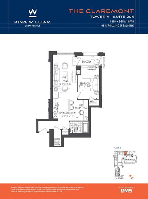 Floor plan for 1 bed, 1 bath, 688 sqft